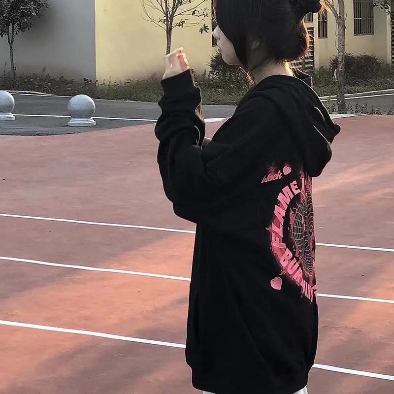 Women Hoodies Sweatshirts Black Pink Hooded Pullover Hoodies Oversized Streetwear Fashion Sweatshirts Autumn Winter Thick Fleece Top Clothes Hip Hop