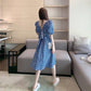 Women's Summer French Elegant Blue Square Shoulder Bubble Sleeve Backless Floral Design Niche Dress