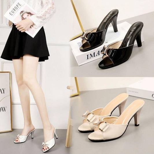 High-heeled Slippers Summer Wear Korean Style Bow Thong Stiletto Medium-heeled Women's Shoes