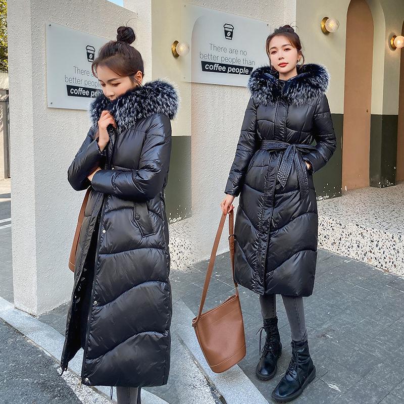 Winter Fashion Warm Cotton Coat Women's Mid-length Slim and Thin Padded Down Padded Jacket Over The Knee Large Fur Collar Coat