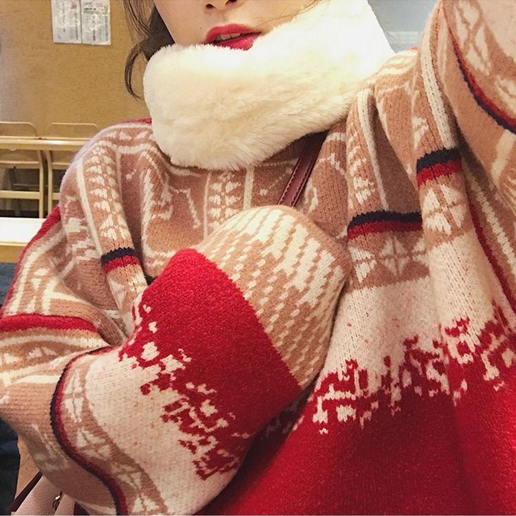 Spring, Autumn, Christmas Day, Jacket, Outer Wear, Warm Sweater, Female Loose Thick Retro Red