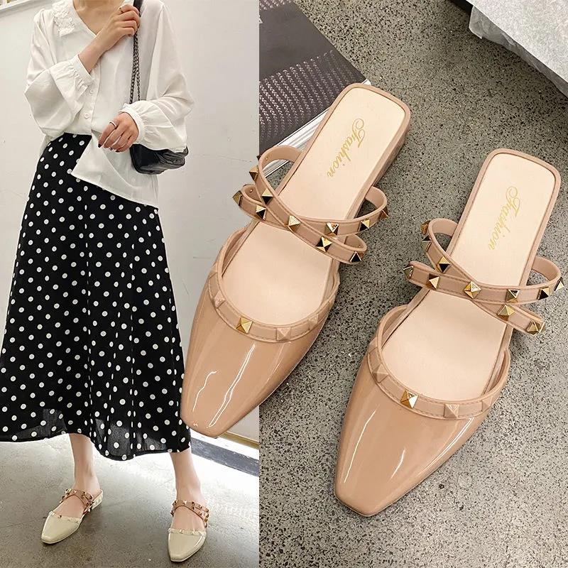 Office Ladies Summer Autumn Large Size Non-slip Baotou Slippers Women's Spring Solid Color Low Heel Rhinestones Single Shoes