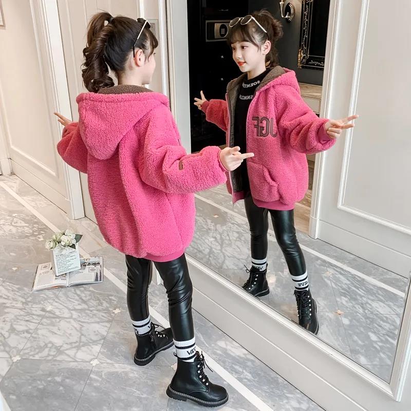Girls' Cashmere Warm Jacket Korean Style Plus Velvet Padded Jacket Autumn and Winter Windproof Hooded Top