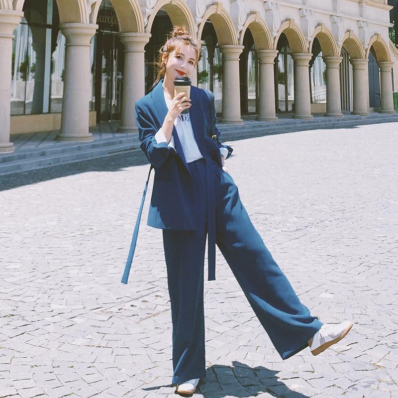 Women Suit Tie Button Waist Blazer and Wide Leg Trousers 2 Piece Set | Korean Fashion Top and Bottom Set Women Suits Jacket Pants Chic Style