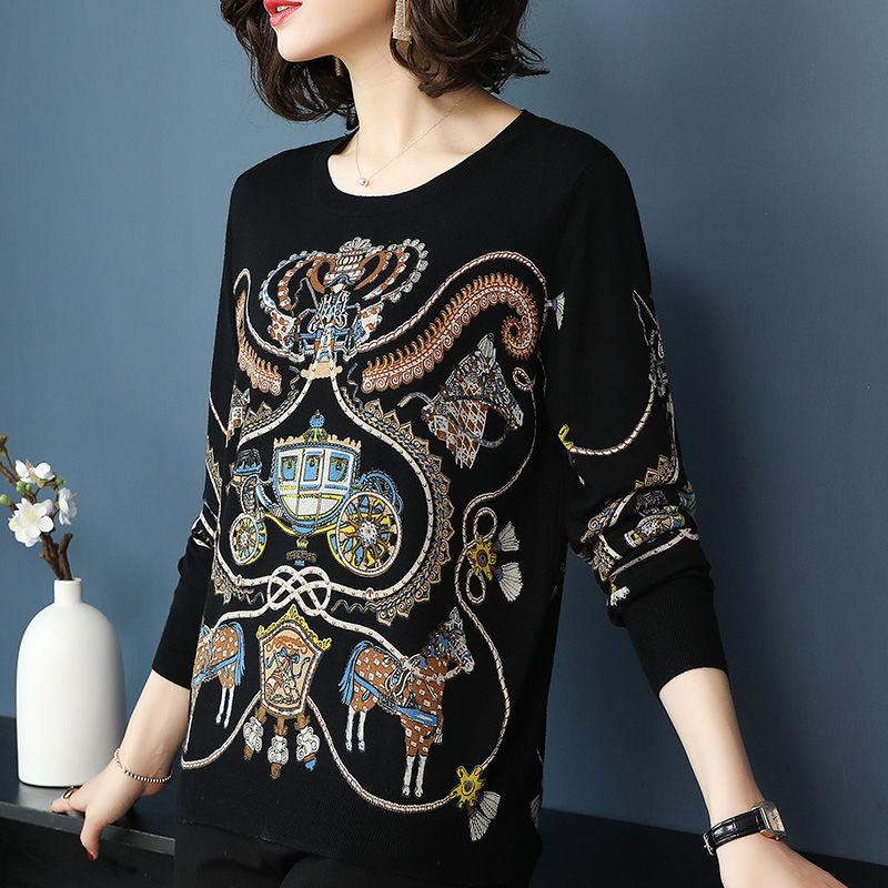 Women's Ethnic Style Printed Woolen Sweater Female High-end Cashmere Sweater O-Neck Outwear Pullover Sweater Plus Size Warm Jumper Top