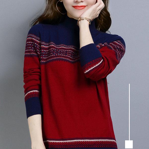 Vintage Printed Sweater Women High Neck Sweater National Style Clothes Knitted Bottoming Shirt Loose Short Sweater Top