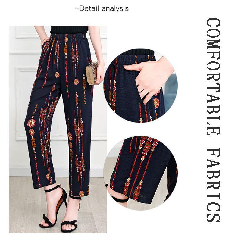 Summer Women's Pants Women's Flower Pants Large Size Elastic Waist Straight Pants Middle-aged Printed Fashion Casual Pants Summer