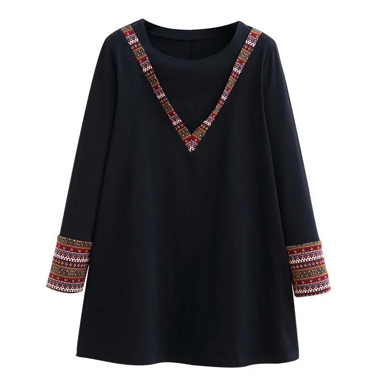 Women's Fashion Casual Tops Splicing Ethnic style Long Sleeve Ladies Loose O-Neck Sweatshirt Pullovers