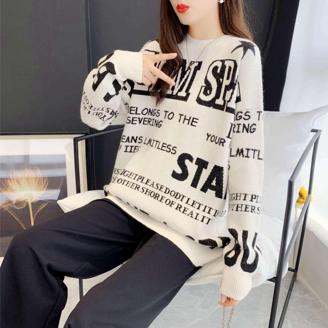 Autumn and Winter Loose Mid-length Round Neck Sweater Women Lazy Letter All-match Knitwear