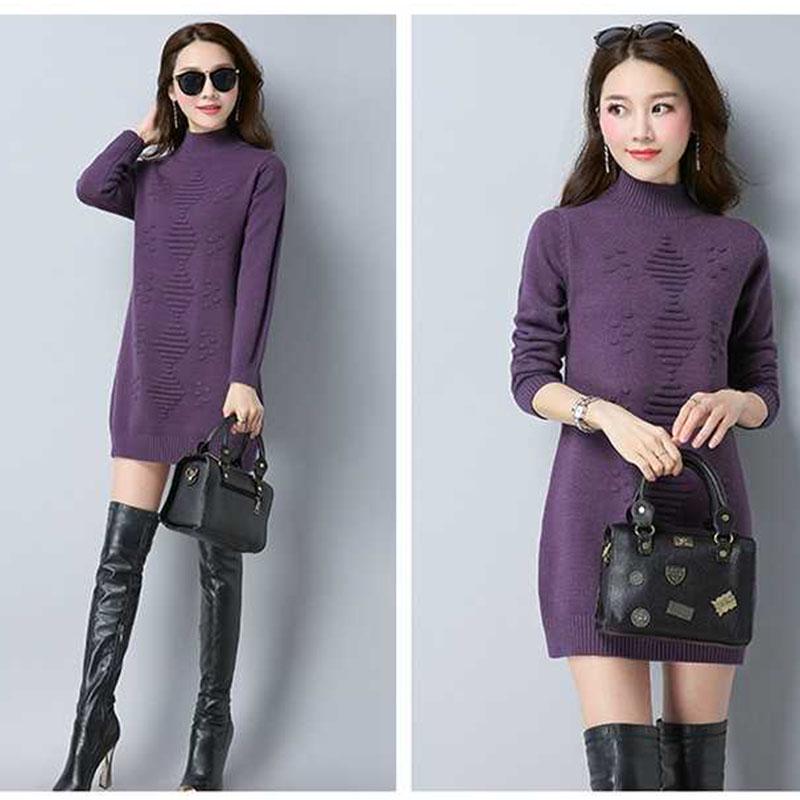 Pofulove Women Turtleneck Knitted Long Pullovers Winter Solid Sweaters Thick Knitting Jumper Pull