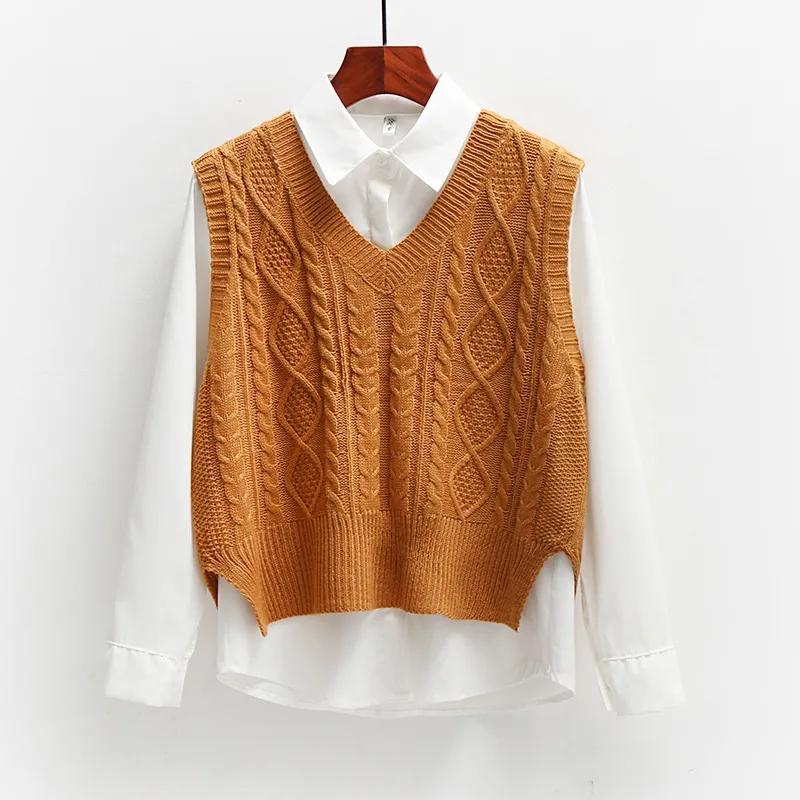 Women Vest Solid Short Waistcoat Loose Sleeveless Knitted V-Neck All-match Female Coats Simple Leisure Outwear Korean Style Pullover Tops Sweater Vest