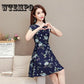 Women A-line Floral Print Midi Slim Elegant Party Vintage Dress Belt