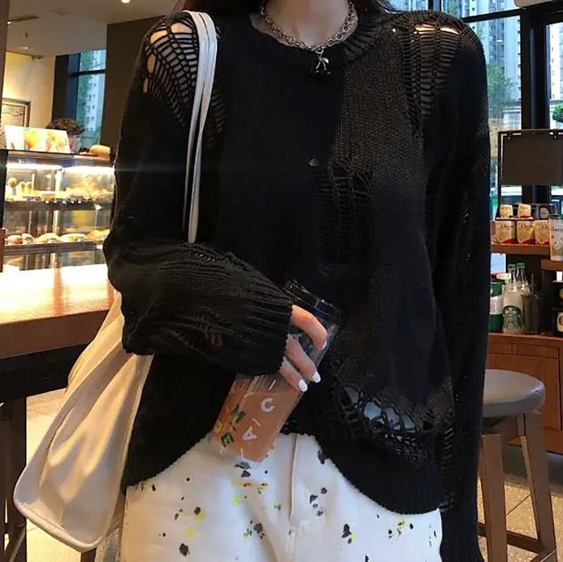 Sweater Women Gothic Punk Hole Oversized Streetwear Harajuku Sweaters Hollow Out Knitwear Jumper Pullover Trending Sweater