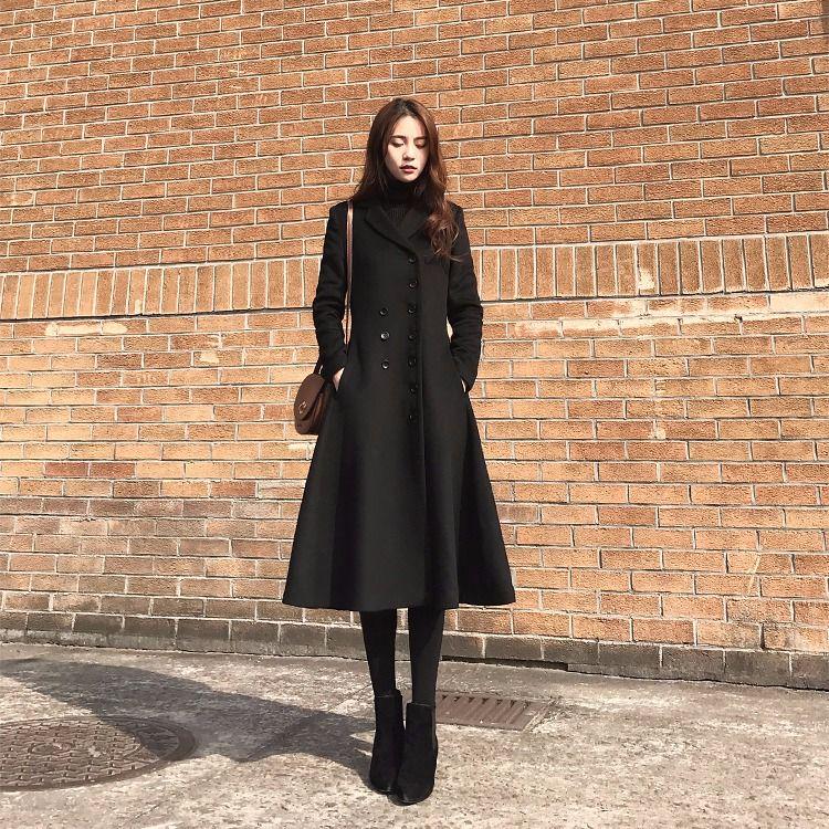 Coat Female 2019 Black Long Paragraph Over The Knee Coat Winter Double-breasted Woolen Coat Jacket