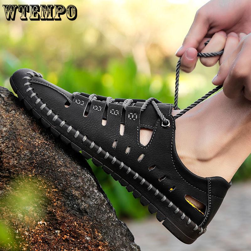 Summer Men's Leather Sandals Business Casual Outdoor Beach Roman Shoes Solid Color Design