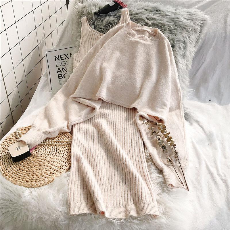Two Piece Set Women Autumn Wear Loose Pullover Batwing Sweater and Sleeveless Strap Sweater Dress Ladies Outfits