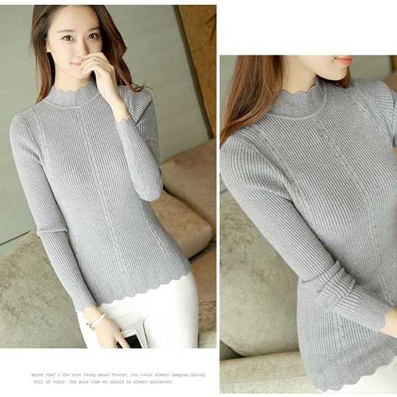 Autumn and Winter Thickened Half Turtleneck Sweater Women Warm Short Ruffled Solid Color Knitted Bottoming Shirt