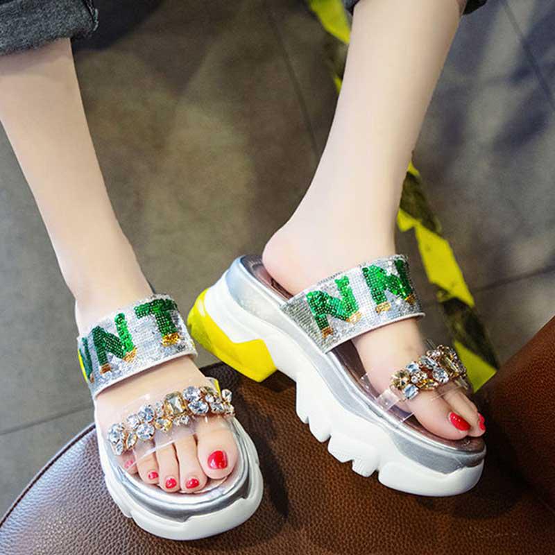 Size 35-39 Summer Women Shiny Slippers Bohemian Beach Wear-resistant Non-slip Slippers Wedge Platform Rhinestone Sandals Outdoor Crystal High Heels