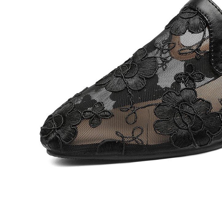 Women's Spring Soft Leather Mesh Hollow Sandals Plus Size Ethnic Lace Embroidered Low Heel Shoes