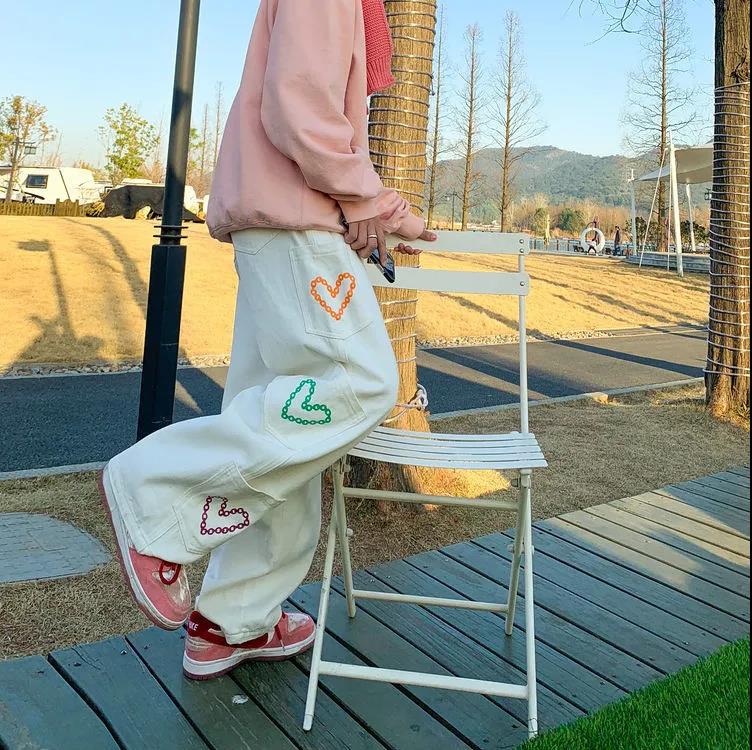 Jeans Men's and Women's Design Sense Personality Printing All-match Black Jeans Women's High Waist Loose Wide Leg Pants Hip Hop Mopping Pants Trousers