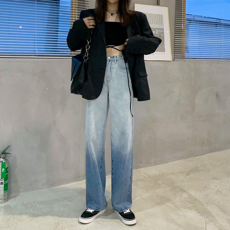 WTEMPO Color Gradient Jeans Women's High Loose Casual Washed Denim Straight Long Wide Leg Pants