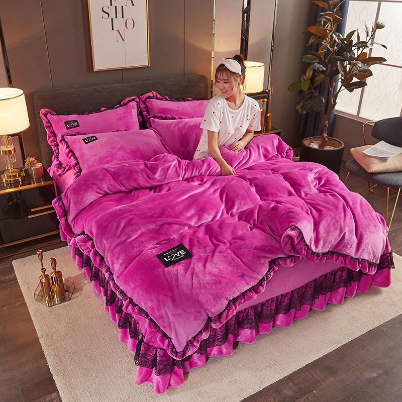 2019 Coral Velvet 4pcs Winter Flannel Thickening Warm Bedclothes Queen King Quilt Cover