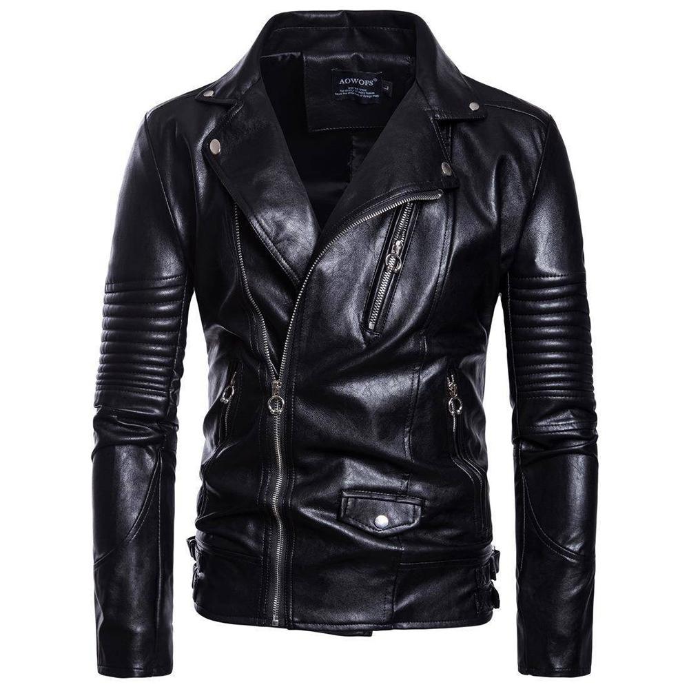 Men's Lapel Motorcycle Leather Zipper PU Large Size Cool Fashion Leather Jacket