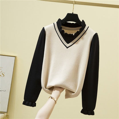 Fall/winter Korean Version of Loose Outer Wear All-match Fake Two-piece Japanese Sweater Sweater Top Women's Bottoming Shirt