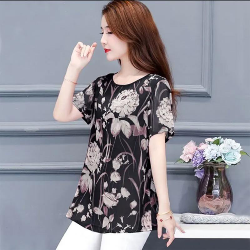 Fashion Loose Plus Size Women's Thin Section Summer Fat Mother Medium and Long Printing Short-sleeved T-shirt Women