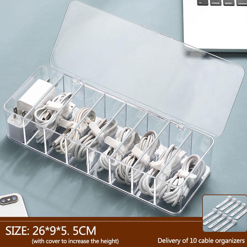 8 Grid Data Cable Storage Box Mobile Phone Charging Cable Charger Compartment Finishing Box Desktop Transparent Storage Box Anti-dust Box