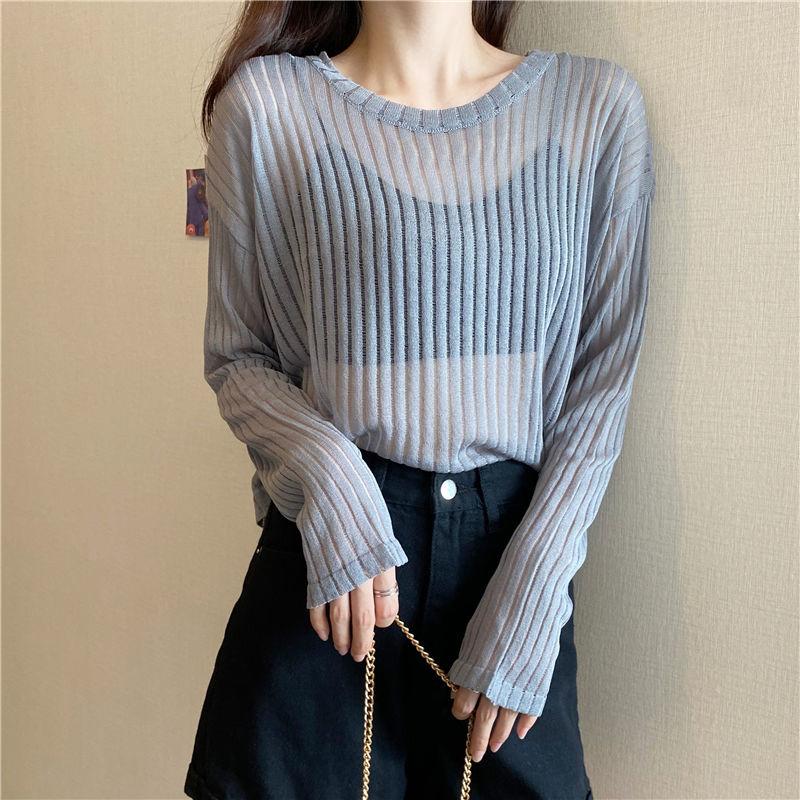 Loose and Thin Long-sleeved Hollow Knitted Sweater Women's All-match Sunscreen Shirt Top Sexy See-through Dress