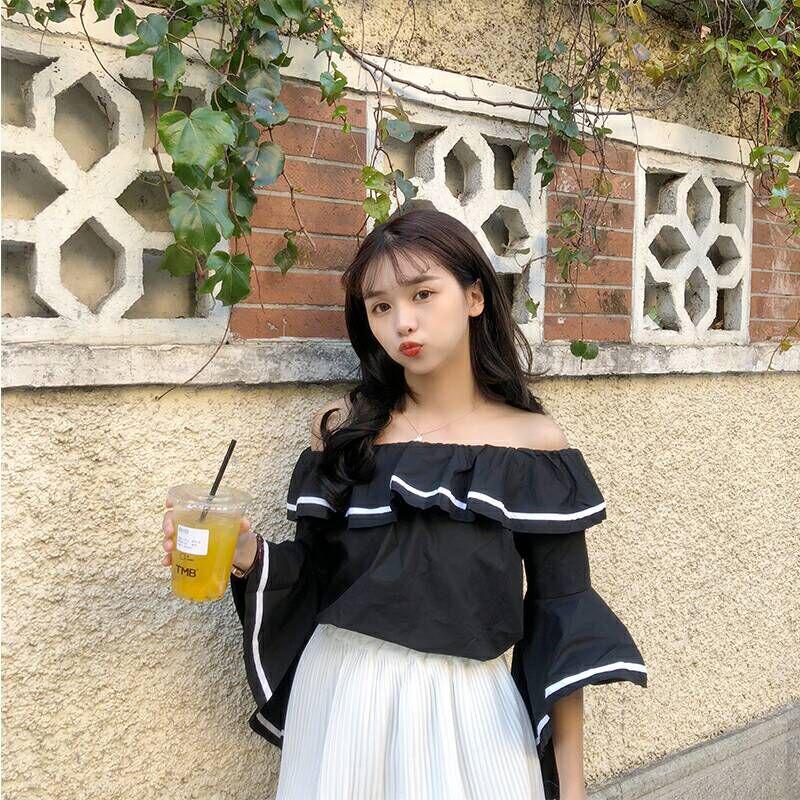 One Word Neck Strapless Sexy Loose Ruffled Flared Sleeve Shirt Ladies Chiffon One Word Neck Strapless Sweet Sexy Shirt Elegant Temperament