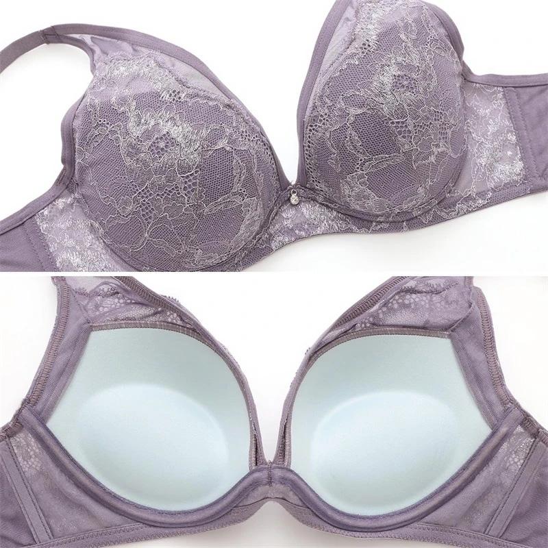 Ladies Lace Sexy Embroidered Bra Gathered for Small Breast Women's Lace Mesh Comfortable Adjustable Brassiere Deep V Neck Full Cup Solid Underwear