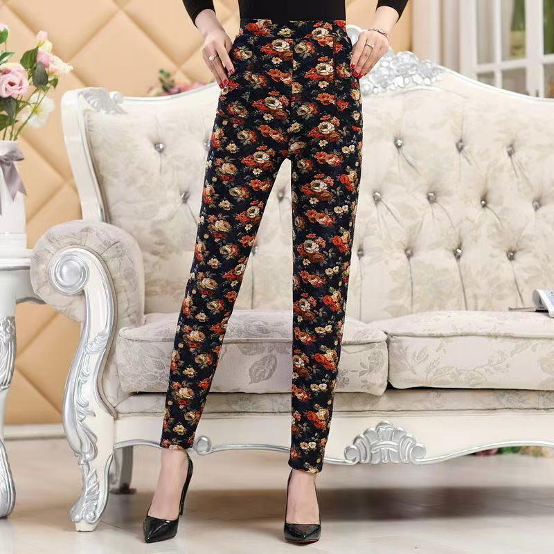 Mother Pants Autumn and Winter Plus Velvet Stretch Slimming Slimming Outer Wear Elastic Waist Leggings High Waist Middle-aged and Elderly Casual Pants
