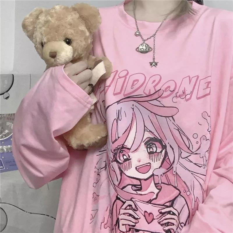 Ruili Cute Avant-garde Long-sleeved T-shirt Ruili Kawai Long T Pink Kpop Long-sleeved Loose Oversized Clothing