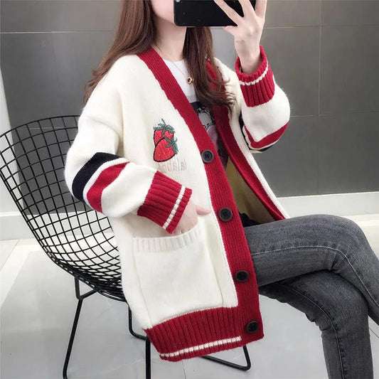 Women's Knitted Cardigan Sweater Loose Spring and Autumn Style Lazy Wind Sweater Coat