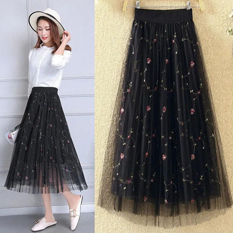 Women Skirts Female Long Skirt Summer Casual A-line Skirts Solid Color Elastic High Waist Skirt Loose Embroidered Skirt