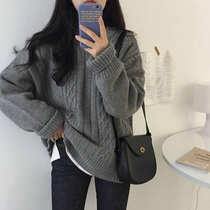 Pofuove Autumn Winter College Wind Twist Round Neck Sweater Girl Student Loose Wild Knitted Top