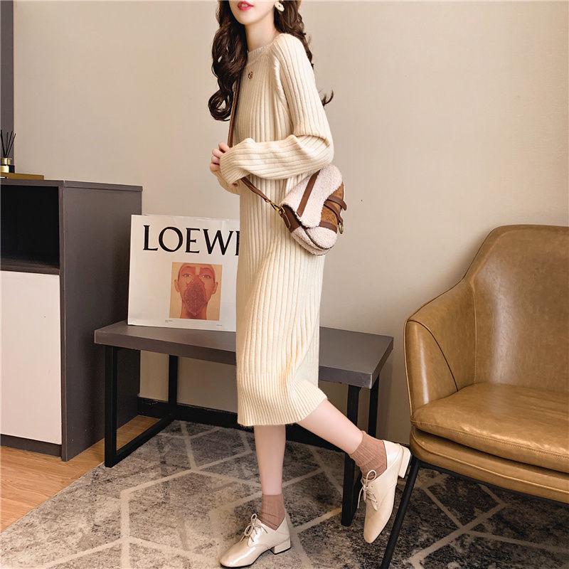Round Neck Vertical Sweater Women Long Pullover Knit Tops Winter Bottoming Dress Knitted Lady