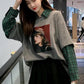 Fake Two-piece Splicing Tops Women's Spring and Autumn Long Sleeve Thin Sweater Large Size Loose Plaid Print Pullover