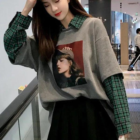 Fake Two-piece Splicing Tops Women's Spring and Autumn Long Sleeve Thin Sweater Large Size Loose Plaid Print Pullover
