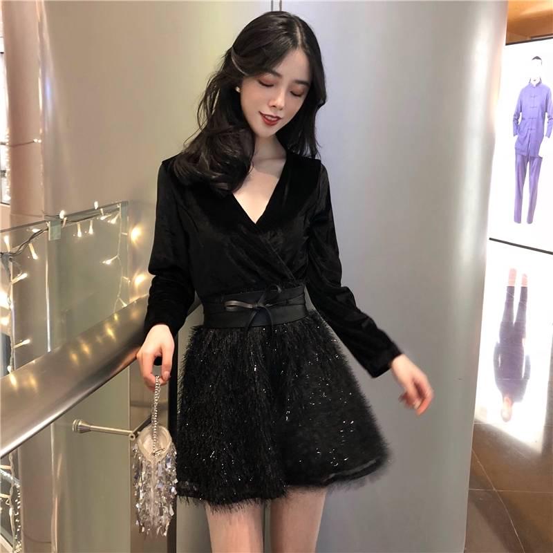 Nightclub Women's Tassel Velvet Was Thin V-neck Sexy Dress Night Ladies Temperament Dress Skirt