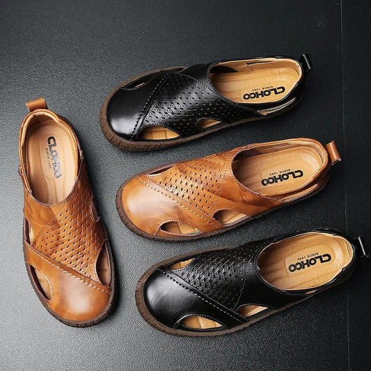Genuine Cowhide Leather Breathable Sandals Men's Comfortable Soft Bottom Hollow Beach Sandals Hole Shoes Waterproof Non-slip Sandals