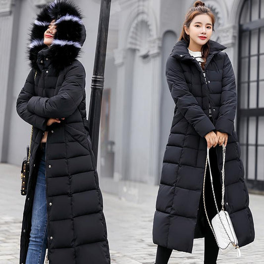 Winter Jacket Women's Warm Jackets Bow Belt Fur Collar Hooded Coat Long Women Thickening Coats Cotton Padded Ladies Parka Womens Jackets