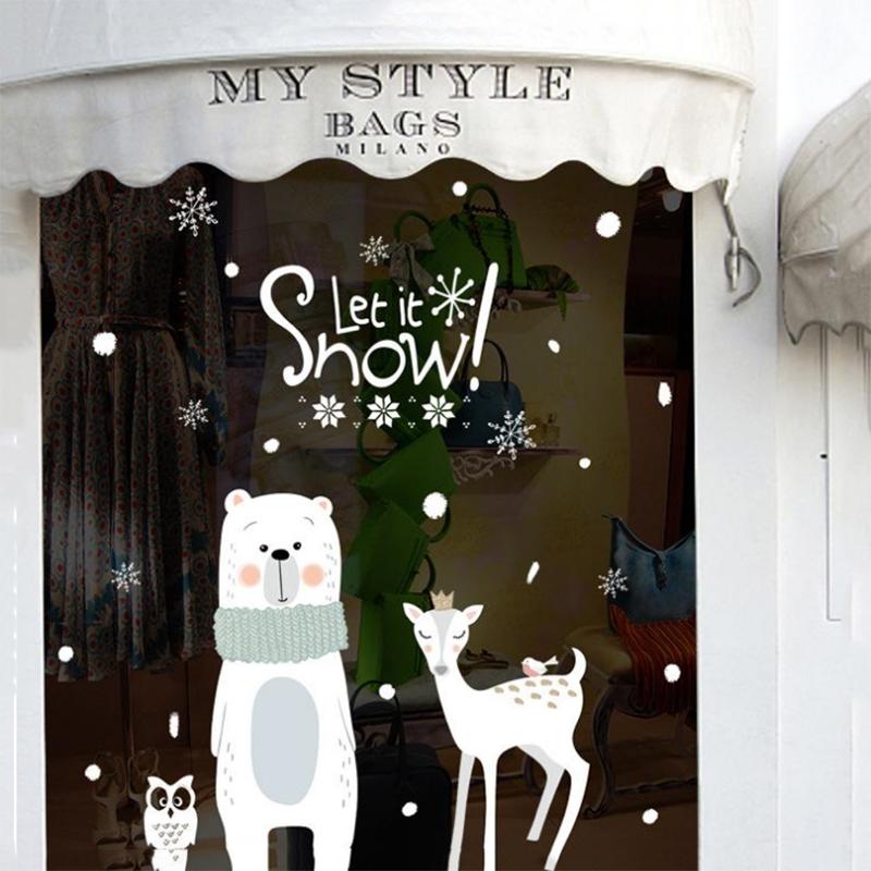 Christmas Glass Shopping Mall Shop Window Door Sticker Bear Deer Snowflake Arrangement Wall Sticker