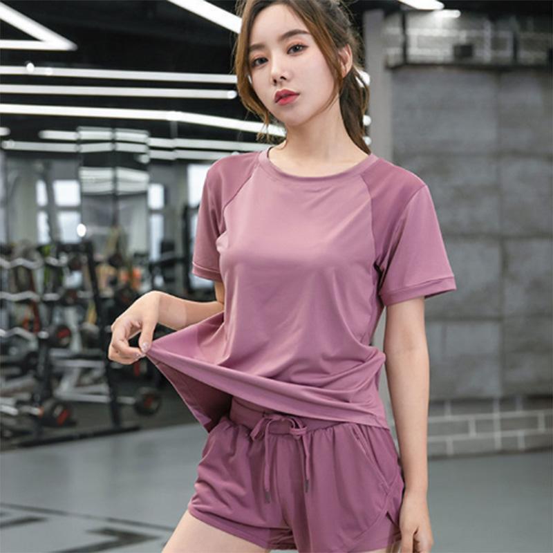 Yoga Clothing Solid Color Suit Quick-drying Short-sleeved Running Training Yoga Fitness Clothes Top Sports Suit Women