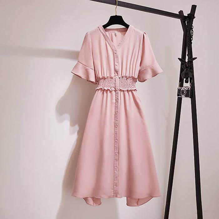 L-5XL Women V-neck Elastic Waist Red Dress Plus Size Slim Short-sleeved Long A-line Dress