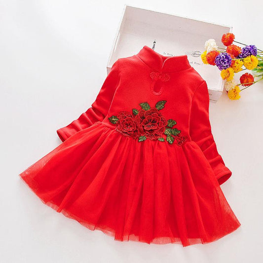 Kids Girls Embroidery Rose Long Sleeve Wedding Birthday Party Princess Dress Children Retro Net Patchwork Tutu Dresses