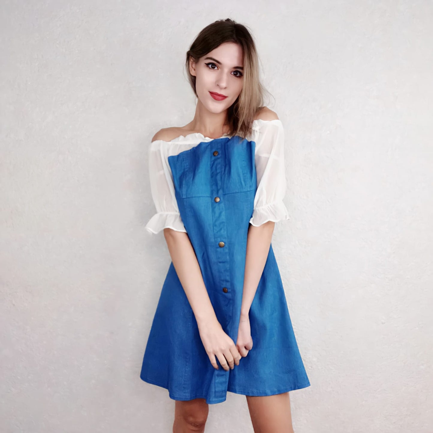 Women High Waist A-line Denim Dress Chiffon Stitching Off Shoulder Dress Female Short  Dress for Party Beach