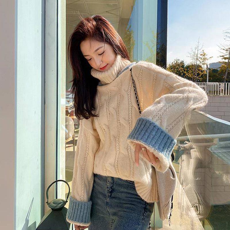 Korean Version of Thick Color-blocking Twist Turtleneck Sweater for Female Students Sweet and Versatile Pullover Sweater